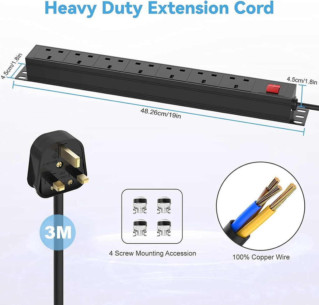 Surge Protected Extension Lead 3M, HANNELORE 7 Way Power Strip with Switch, Power Distribution Unit PDU Rack Mount Power Strip, 13Amp Multi Plug Extension Sockets for Home, Office and Industrial Use