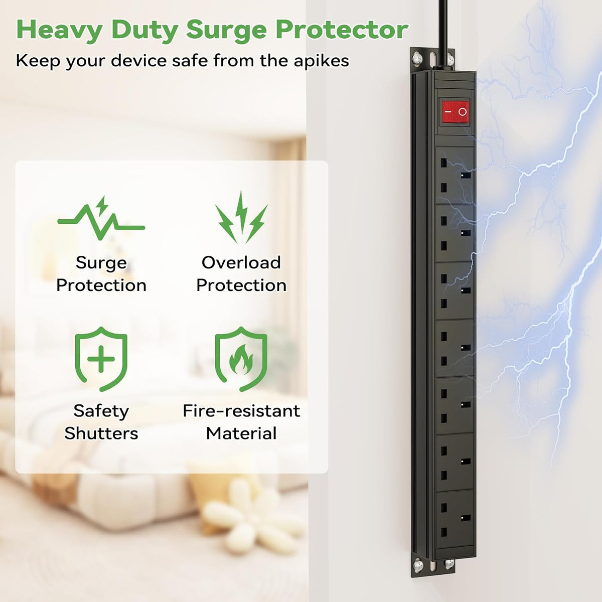 7 Way Extension Lead Surge Protection with Switch, Wall Rack Mounted Power Strip for 19-inch Rack, Office, Workshop and Industrial Use, Metal Housing, 180° Mounting Bracket, 1.8M Cable, Black