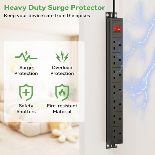 7 Way Extension Lead Surge Protection with Switch, Wall Rack Mounted Power Strip for 19-inch Rack, Office, Workshop and Industrial Use, Metal Housing, 180° Mounting Bracket, 1.8M Cable, Black