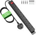 7 Way Extension Lead Surge Protection with Switch, Wall Rack Mounted Power Strip for 19-inch Rack, Office, Workshop and Industrial Use, Metal Housing, 180° Mounting Bracket, 1.8M Cable, Black