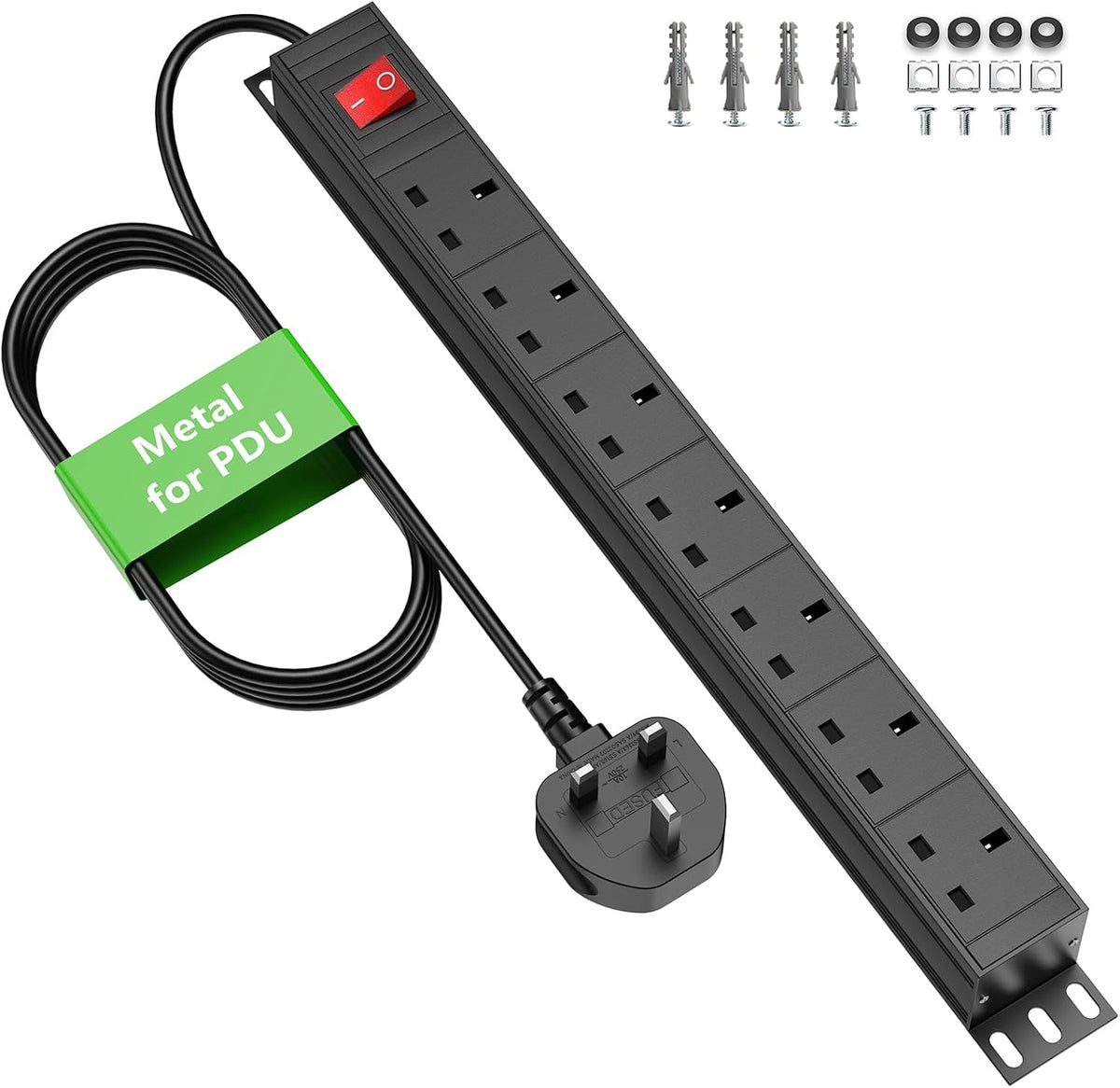 7 Way Extension Lead Surge Protection with Switch, Wall Rack Mounted Power Strip for 19-inch Rack, Office, Workshop and Industrial Use, Metal Housing, 180° Mounting Bracket, 1.8M Cable, Black