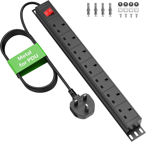 7 Way Extension Lead Surge Protection with Switch, Wall Rack Mounted Power Strip for 19-inch Rack, Office, Workshop and Industrial Use, Metal Housing, 180° Mounting Bracket, 1.8M Cable, Black