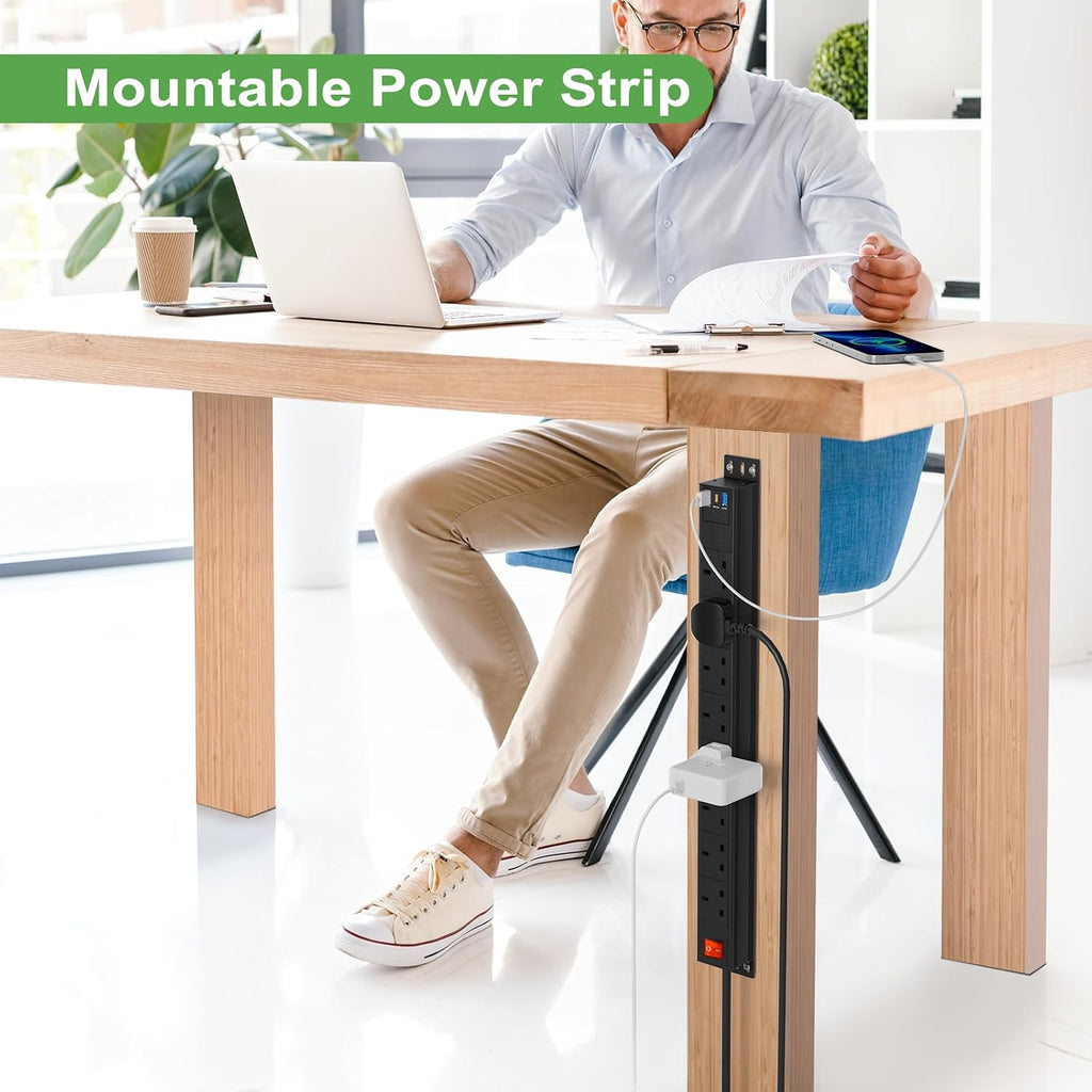 2 Packs - 8 Way Power Strip Surge Protector USB C PD20W, Wall Mount Power Strip for Home Office, 1.8M Cable Extension Cord, Black