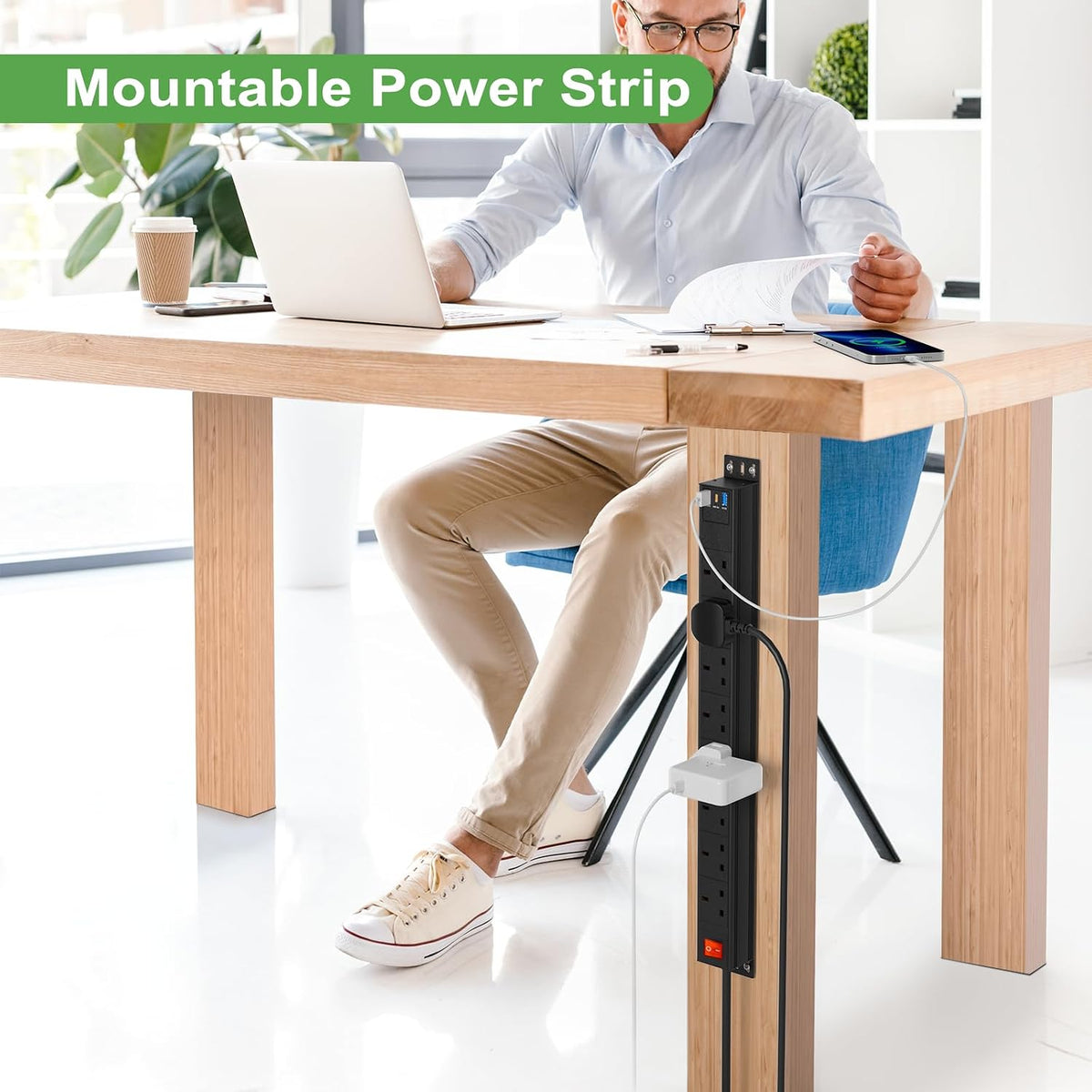 3m Cable 8 Way Power Strip Surge Protector, 8 Way Extension Lead USB C PD20W with Switches, Wall Mount Power Strip with Metal Casing for Home Office Industrial Use, Black, 13A