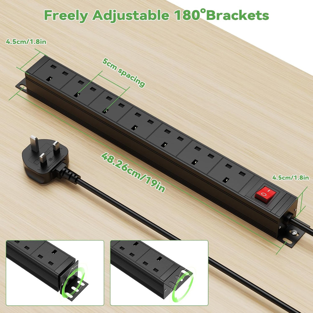 7 Way Extension Lead Surge Protection with Switch, Wall Rack Mounted Power Strip for 19-inch Rack, Office, Workshop and Industrial Use, Metal Housing, 180° Mounting Bracket, 1.8M Cable, Black