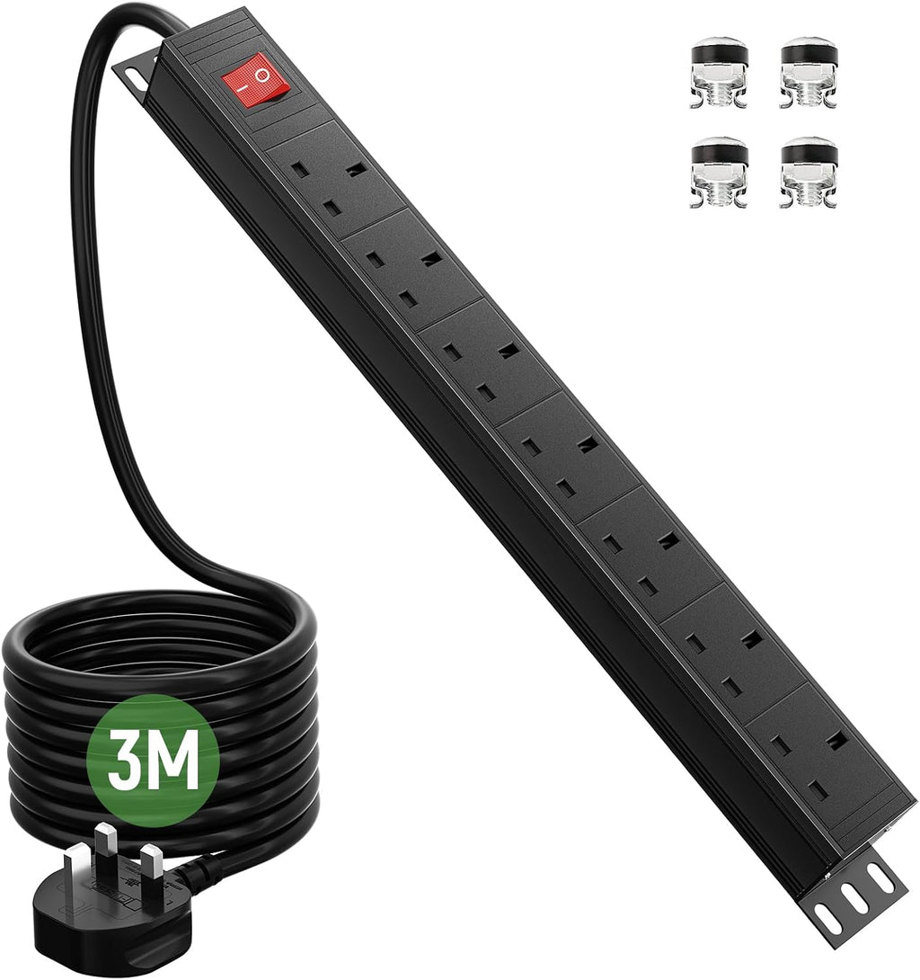 Surge Protected Extension Lead 3M, HANNELORE 7 Way Power Strip with Switch, Power Distribution Unit PDU Rack Mount Power Strip, 13Amp Multi Plug Extension Sockets for Home, Office and Industrial Use