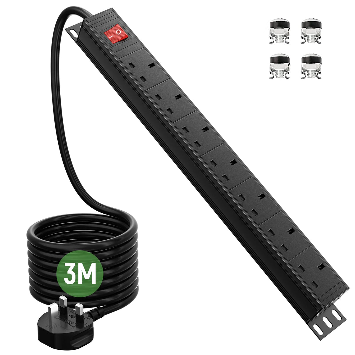2 Packs - 7 Way Extension Lead Surge Protection with 3m Cable, 19 Inch Rack Mount Power Socket for Home Office Power, Black