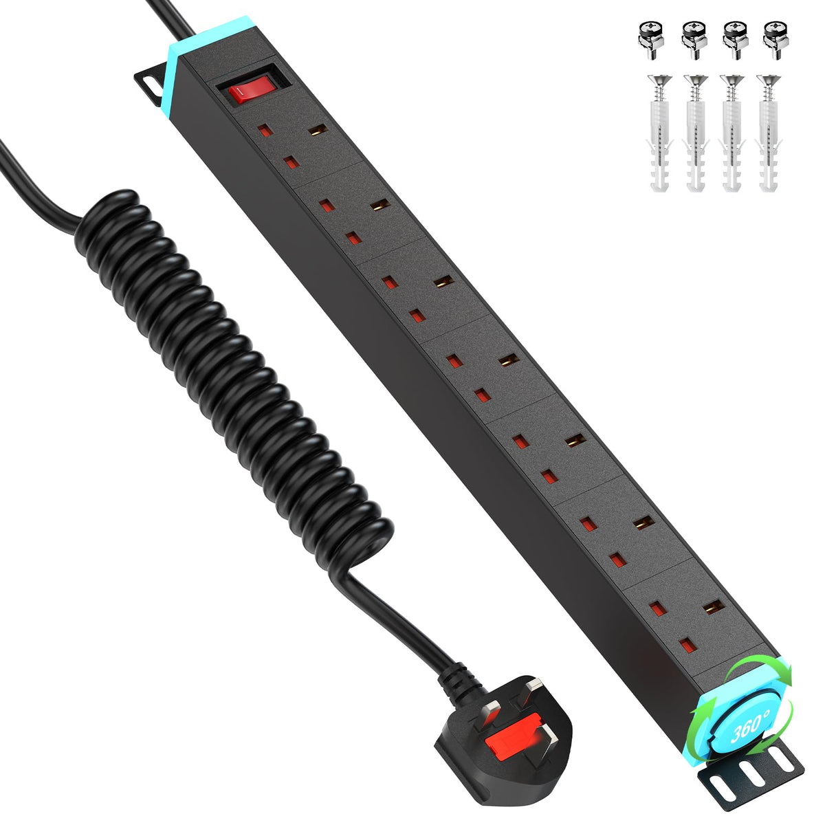 3m Cable 8 Way Power Strip Surge Protector, 8 Way Extension Lead USB C PD20W with Switches, Wall Mount Power Strip with Metal Casing for Home Office Industrial Use, Black, 13A