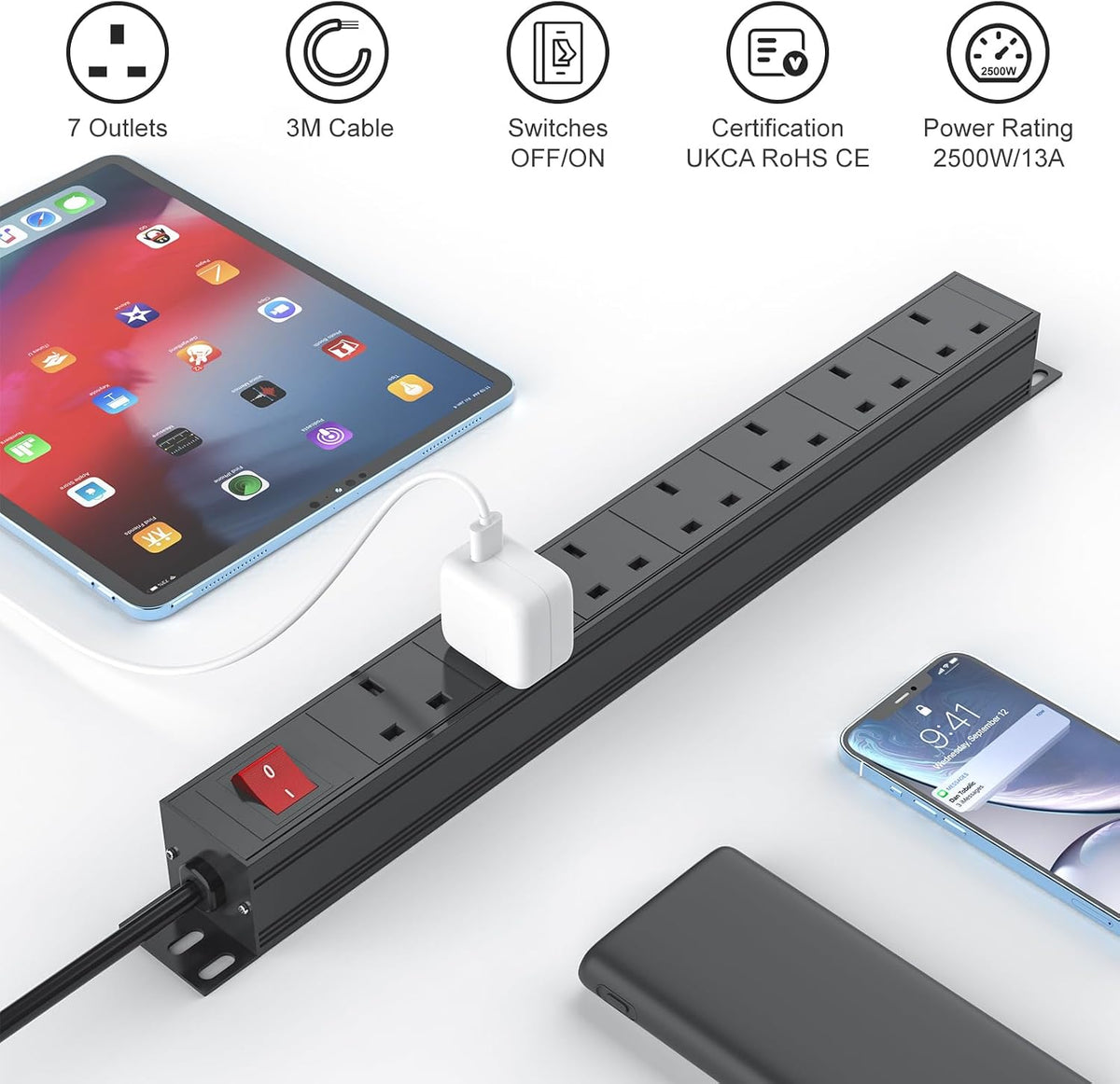 Surge Protected Extension Lead 3M, HANNELORE 7 Way Power Strip with Switch, Power Distribution Unit PDU Rack Mount Power Strip, 13Amp Multi Plug Extension Sockets for Home, Office and Industrial Use