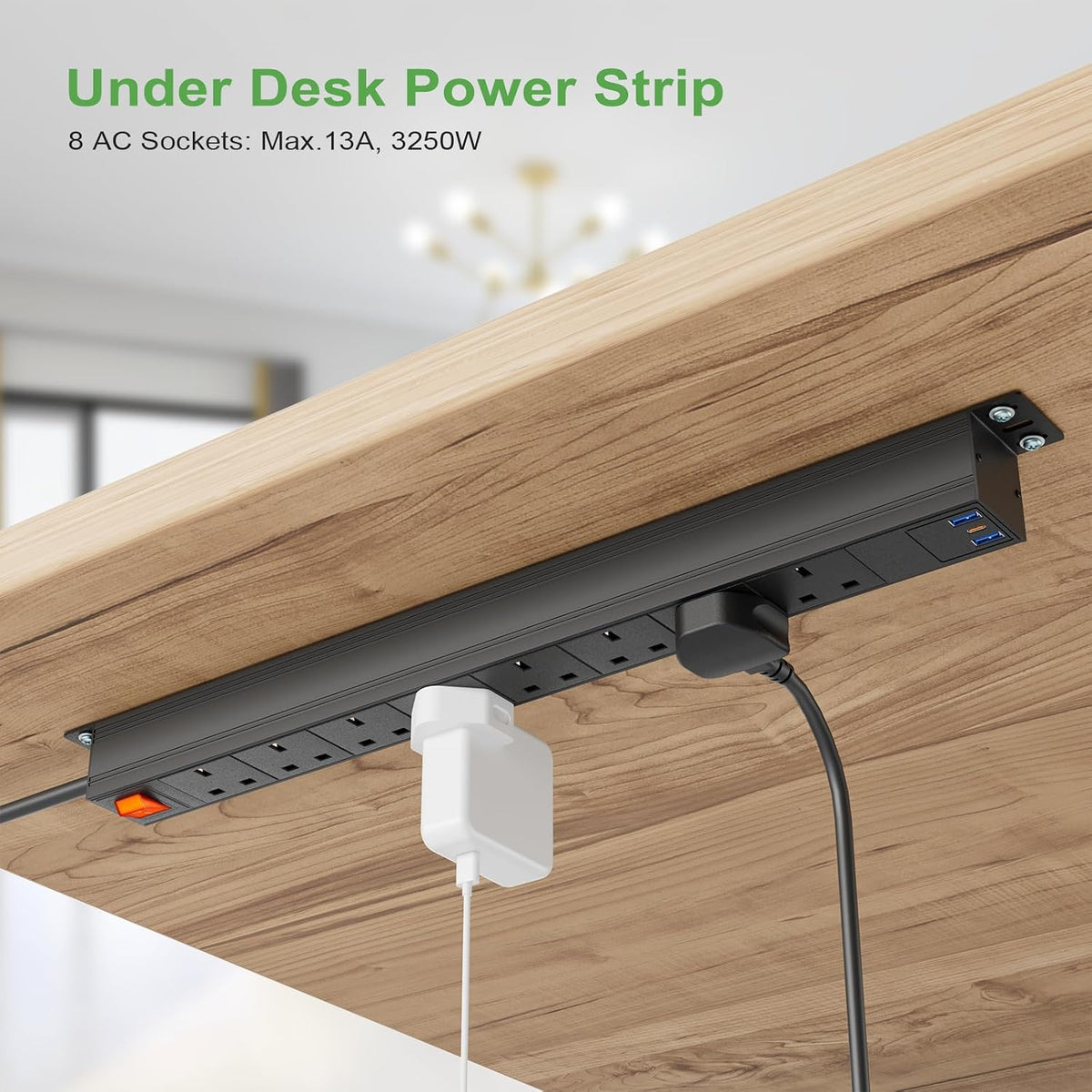 8 Way Power Strip Surge Protector USB C PD20W, Extension Lead with Switches Surge Protected, Wall Mount Power Strip for Home Office, 1.8M Cable Extension Cord, Black