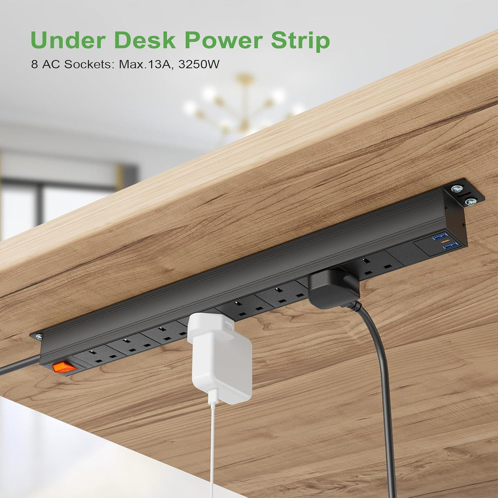 3m Cable 8 Way Power Strip Surge Protector, 8 Way Extension Lead USB C PD20W with Switches, Wall Mount Power Strip with Metal Casing for Home Office Industrial Use, Black, 13A