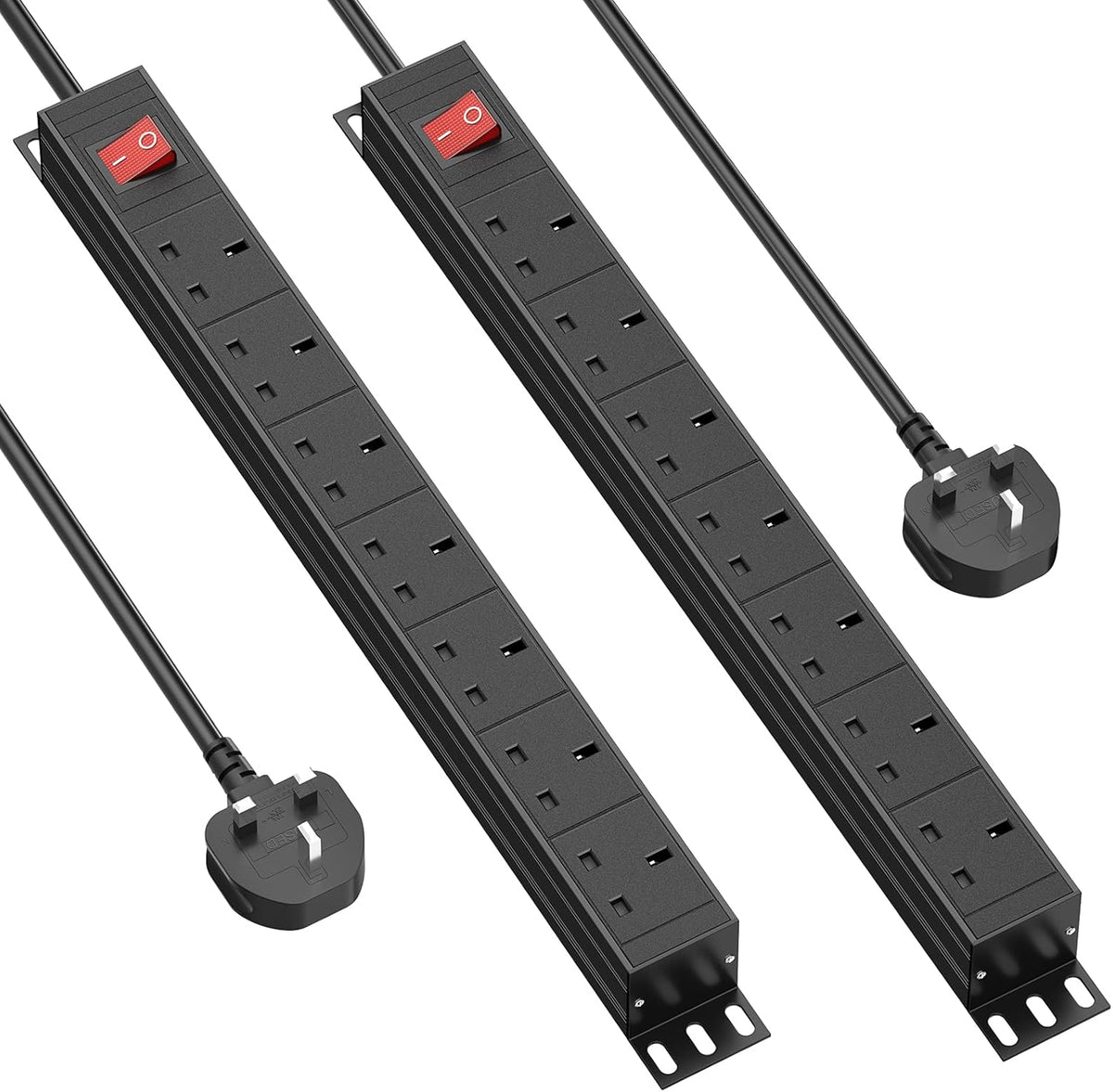 2 Packs - 7 Way Extension Lead Surge Protection with 3m Cable, 19 Inch Rack Mount Power Socket for Home Office Power, Black