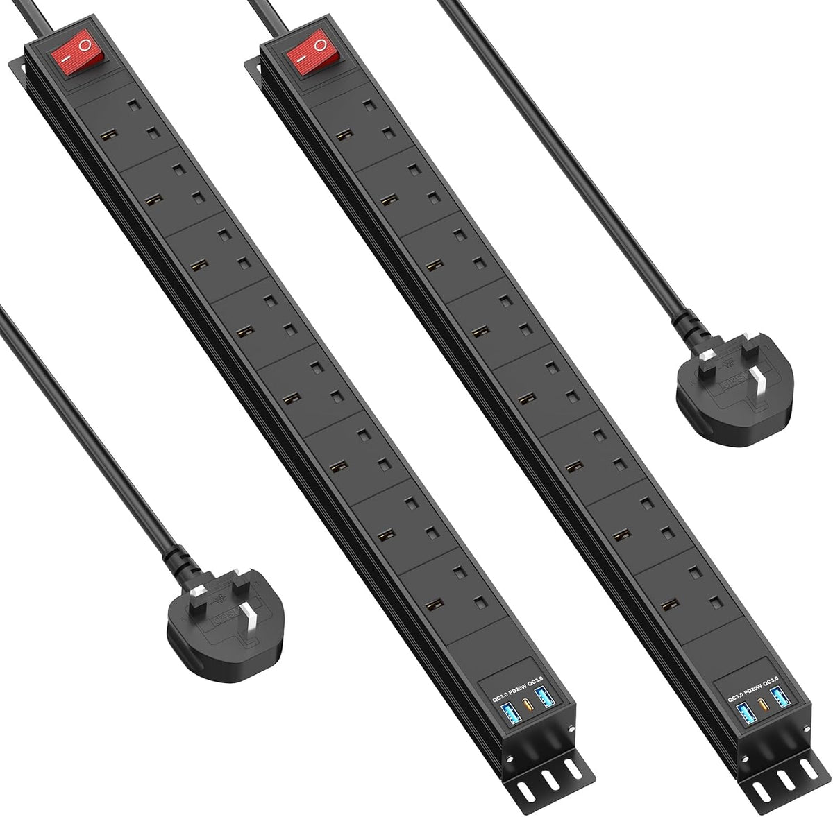 2 Packs - 8 Way Power Strip Surge Protector USB C PD20W, Wall Mount Power Strip for Home Office, 1.8M Cable Extension Cord, Black
