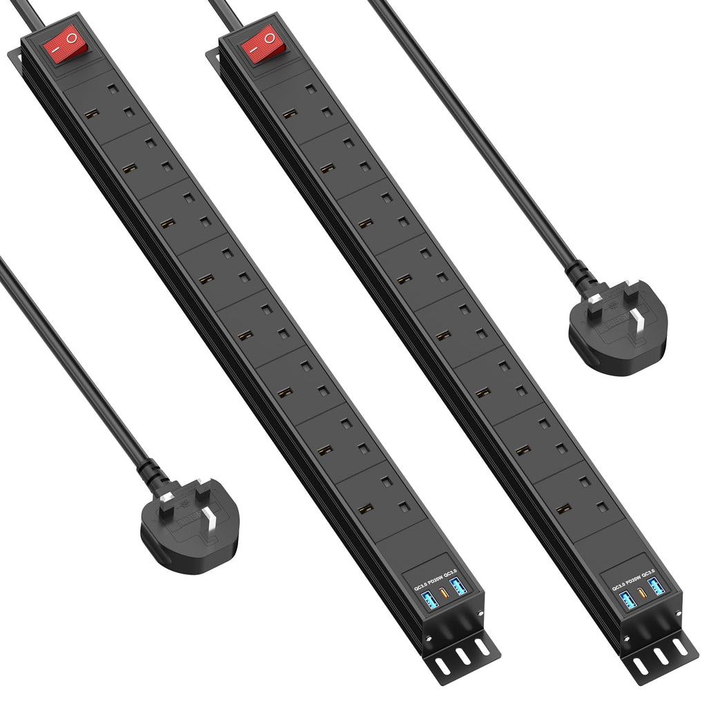 8 Way Power Strip Surge Protector USB C PD20W, Extension Lead with Switches Surge Protected, Wall Mount Power Strip for Home Office, 1.8M Cable Extension Cord, Black