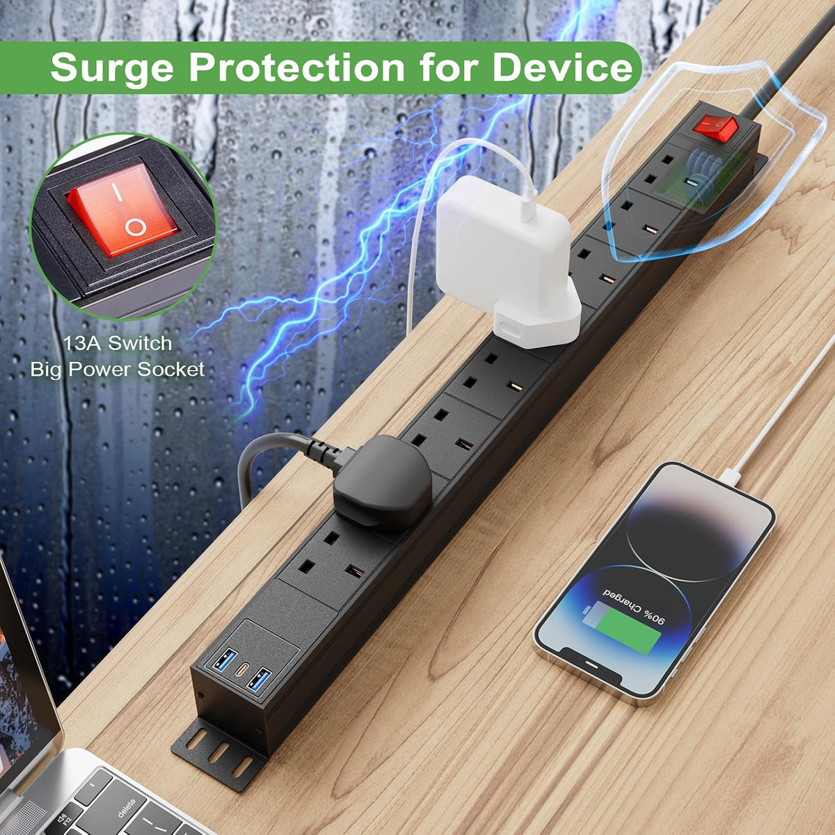 8 Way Power Strip Surge Protector USB C PD20W, Extension Lead with Switches Surge Protected, Wall Mount Power Strip for Home Office, 1.8M Cable Extension Cord, Black