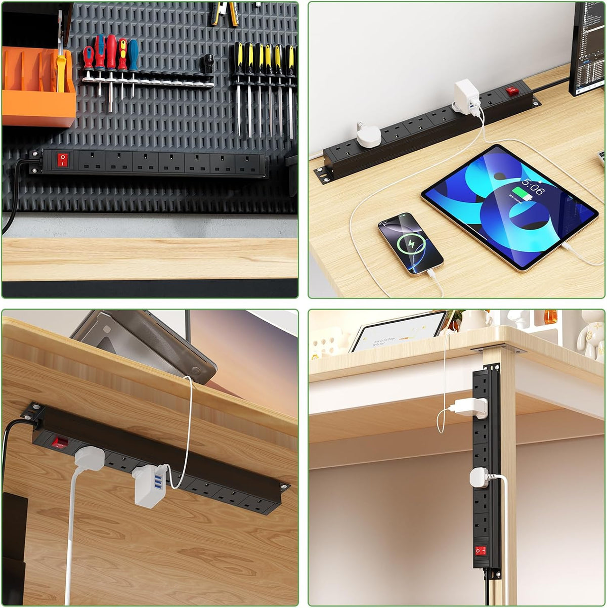 7 Way Extension Lead Surge Protection with Switch, Wall Rack Mounted Power Strip for 19-inch Rack, Office, Workshop and Industrial Use, Metal Housing, 180° Mounting Bracket, 1.8M Cable, Black
