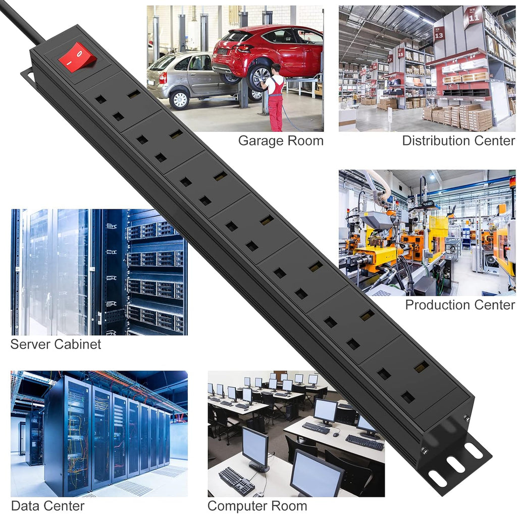 Surge Protected Extension Lead 3M, HANNELORE 7 Way Power Strip with Switch, Power Distribution Unit PDU Rack Mount Power Strip, 13Amp Multi Plug Extension Sockets for Home, Office and Industrial Use