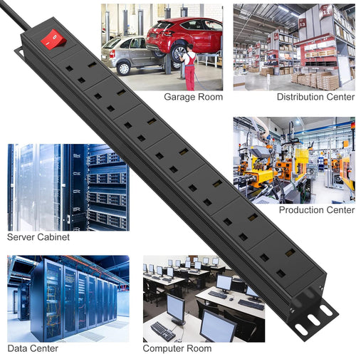 Surge Protected Extension Lead 3M, HANNELORE 7 Way Power Strip with Switch, Power Distribution Unit PDU Rack Mount Power Strip, 13Amp Multi Plug Extension Sockets for Home, Office and Industrial Use