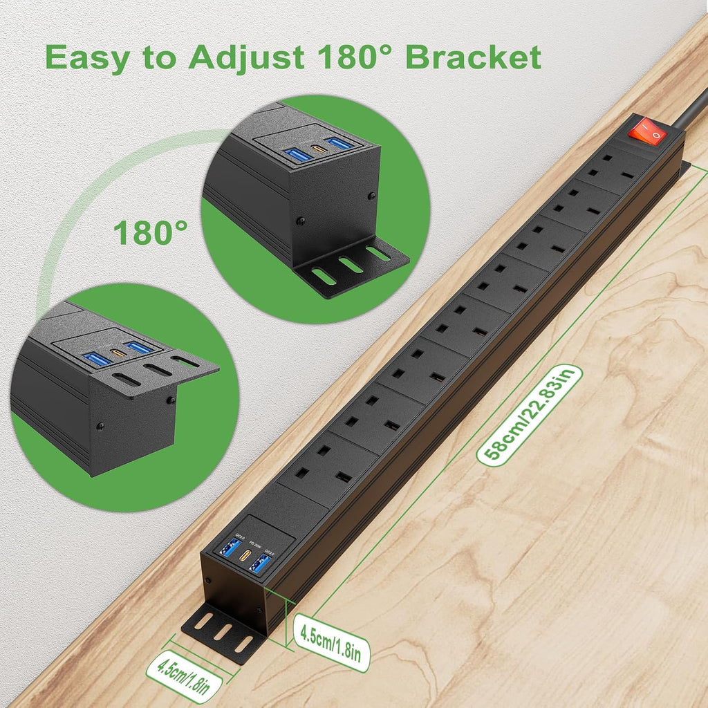 3m Cable 8 Way Power Strip Surge Protector, 8 Way Extension Lead USB C PD20W with Switches, Wall Mount Power Strip with Metal Casing for Home Office Industrial Use, Black, 13A